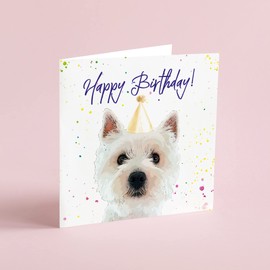 Curled Up West Highland Terrier Birthday Card - Party Hat Westie Greeting Card – Blank Inside