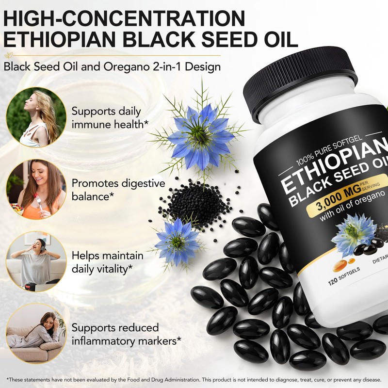 Ethiopian Black Seed Oil Softgels with Oregano Oil 2-in-1 Formula,120