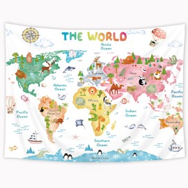 Riyidecor Kids Map Tapestry 59Wx51H Inch World Cartoon Animal Cute Educational Geography Learning Tools Colorful Continents Wildlife Wall Hanging for Boys Girls Home Dorm Decor Art Living Room Bedroom