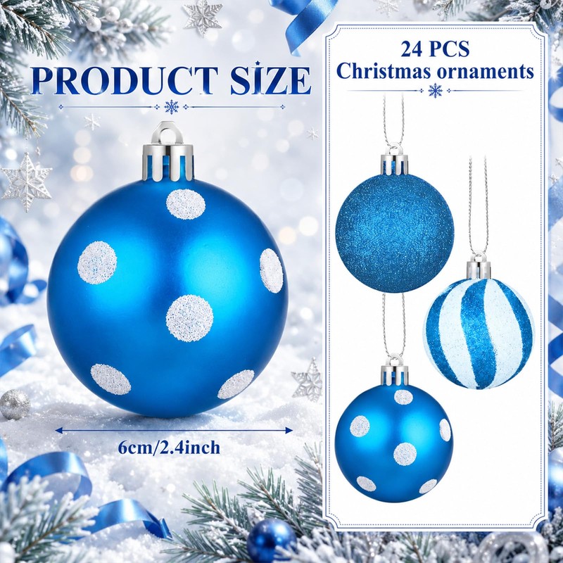 24 Pcs 2.4" Blue and White Christmas Balls Ornaments for