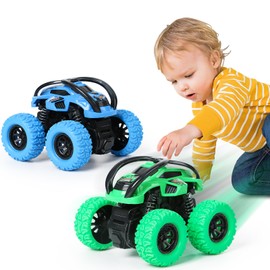 GUIGUZHJ Monster Truck Toy Car, Pack of 2 Monster Truck Wind-Up Car Children's Toy, Friction Retract, 360° Rotation Inertia Vehicle, Car Toy for Baby Children from 3 Years (Green & Blue)