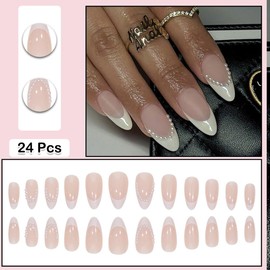 ANDGING French Tip Press on Nails Almond Short White Fake Nails with Glue Acrylic Pearl Glue on Nails with Designs Fantasy Gel Manicure False Nail for Women Classy Stick ons Nails for Wedding KLD98