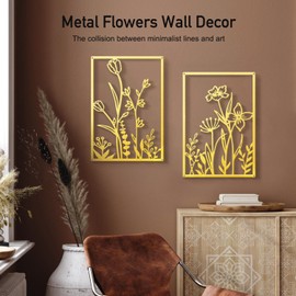 Sokurdeg Gold Metal Flowers Wall Decor, Minimalist Floral Metal Wall Hanging Art, Gold Abstract Rustic Flower Line Wall Sculptures for Bedroom Bathroom Living Room (4 Pcs, 15.7 x 22.5 in)