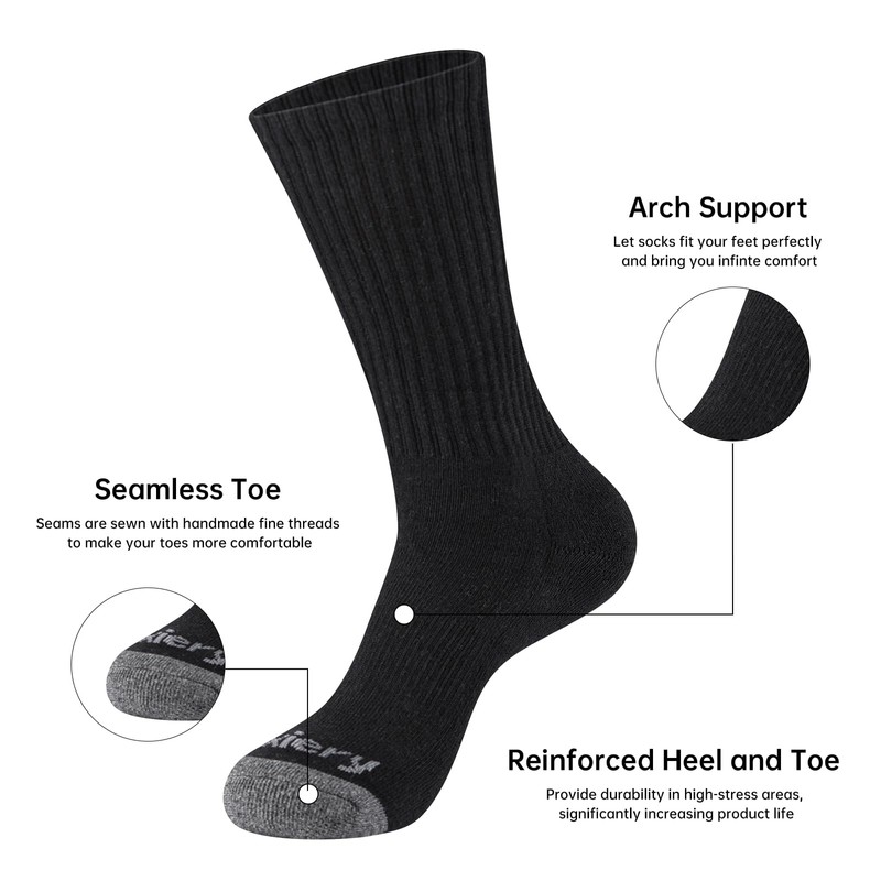 Mens 100% Cotton Moisture Wicking Cushioned Crew Socks, Athletic Performance