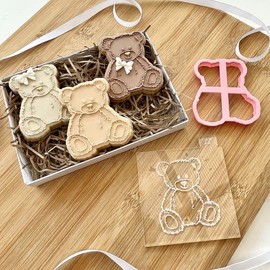 LissieLou Fluffy Sitting Teddy Bear Cookie Cutter and Embosser Baby Shower - Light Pink/Clear