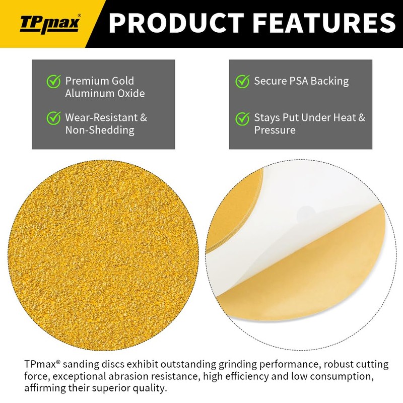 TPmax 6-Inch 240-Grit Gold PSA Sanding Discs, 50 Pack –