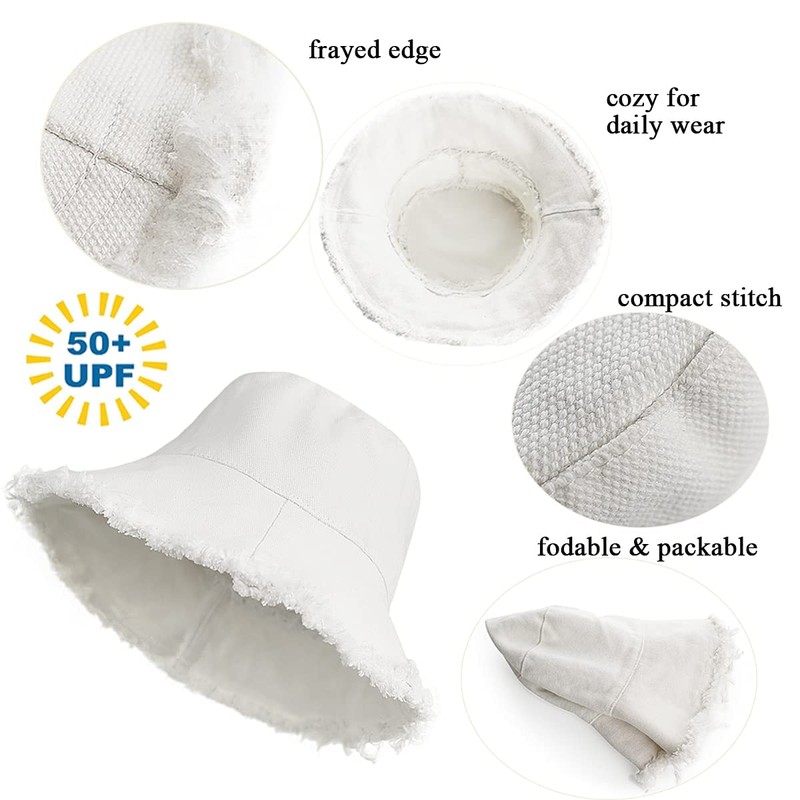 KorhLeoh Distressed-Sun-Bucket-Hat Sun-Protection Washed-Cotton Wide-Brim Beach-Cap for Summer White