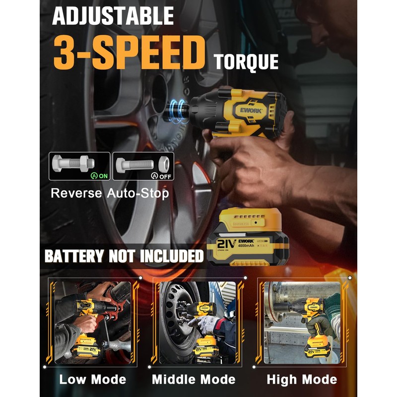 EWORK 21V 1/2" Cordless Impact Wrench 775 Ft-lbs, Brushless Compact