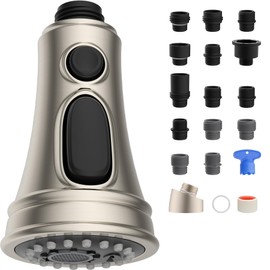Hibbent Kitchen Faucet Head Replacement with Pull Down Spray Head, 3 Function Faucet Sprayer Nozzle - 15 Adapters Compatible with Moen, American Standard, Delta, Kohler - Brushed Nickel