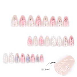 MouyouGlow Press on Nails Short, Almond Nude Pink 3D Bow Bow Floral Pearl Butterfly Fairy Y2K Coquette Fake Nails with Nail Glue, Pink Flower Summer INS Artificial Fingernails