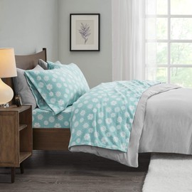 True North by Sleep Philosophy Micro Fleece Bed Sheet Set, Warm, Sheets with 14" Deep Pocket, for Cold Season Cozy Sheet-Set, Matching Pillow Case, Full, Blue Snowflake, 4 Piece