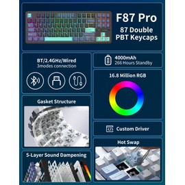 Aula F87 Pro Wireless Mechanical Keyboard, Tri-Mode Bluetooth/2.4GHz/USB-C, 87-Key TKL Gasket Hot Swappable Gaming Keyboard, RGB Custom Keyboard with PBT Keycaps & 4000mAh Battery for PC Mac