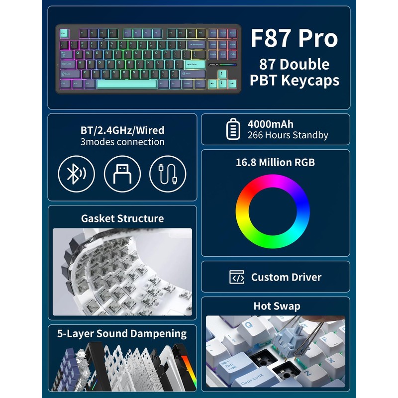 Aula F87 Pro Wireless Mechanical Keyboard, Tri-Mode Bluetooth/2.4GHz/USB-C, 87-Key TKL