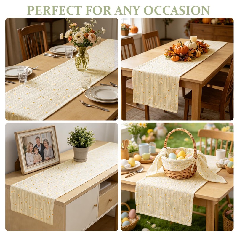 Winotic Light Yellow Floral Cotton Table Runner Boho Table Decor