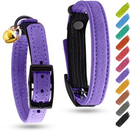 Leather Cat Collar with Bell & Elastic Strap - Pet Collar Leather - Leather Kitten Collar - Cats Small and Big Cat Collar for Boy Cats, Girl Cats with Safety Elastic Strap (Purple, 6" - 8")