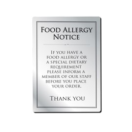 Food Allergy Sign Notice Allergen Intolerances A4 Silver 297 x 210mm Bar Restaurant Catering Silver Warning Sign