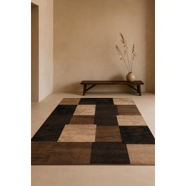 RUG BRANCH Montage 4' x 6' (3'9" X 5'9") Geometric Checkered Indoor Area Rug, Contemporary, Brown Beige - Living Room, Bedroom, Dining Room, and Kitchen