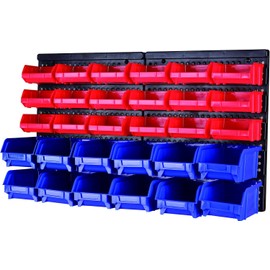 MaxWorks 80694 30-Bin Wall Mount Parts Rack/Storage for your Nuts, Bolts, Screws, Nails, Beads, Buttons, Other Small Parts,Blue and Red