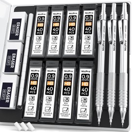 Nicpro 0.9 mm Metal Mechanical Pencil Set with Case, with 3PCS MP1000 0.9mm Drafting Pencil, 8 Tubes HB Lead Refills, 3PCS Eraser, Erasers Refills for Artist Writing, Drawing, Sketching, Silver