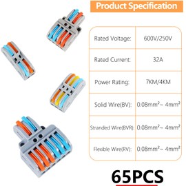 Dealikee 65pcs Compact Wire Conductor Connector, Connection Clamp for 0.08~4 mm² Wire, Compact Plug-In Terminals, Wire Push Cable Connectors, Quick Wiring Electrical Connectors
