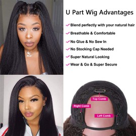 Bele U Part Wig Yaki Straight Human Hair Wig 180 Density 16 inch Kinky Straight U Part Human Hair Wigs for Black Women No Leave Out No Sew In Beginners Friendly Natural Black Color