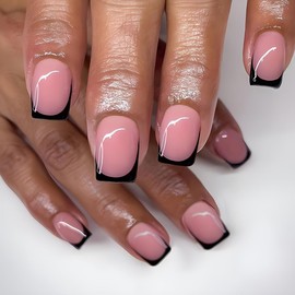 24 Pcs Black French Press on Nails Short Square, ZIFANHU Pink Fake Nails Press ons Nail Tips Acrylic Nail Art Kit Glue on Nails Full Cover False Nails Glossy Stick on Nails for Women Girls Supplies