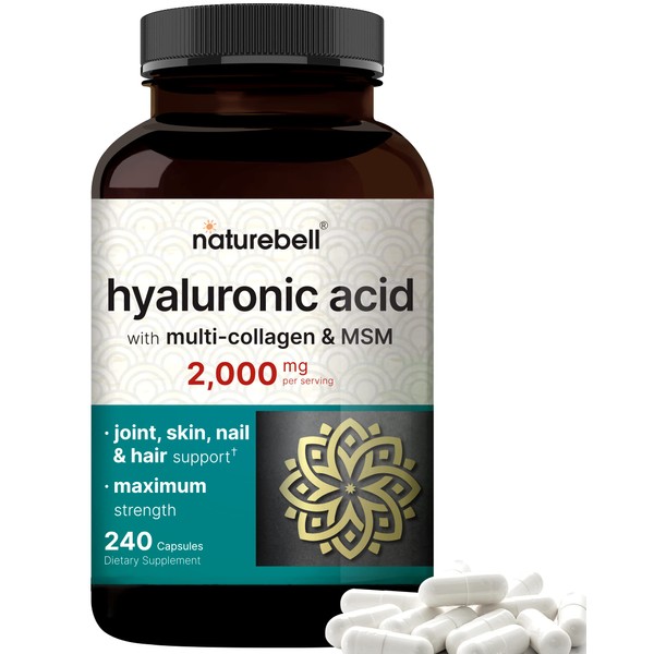 NatureBell Hyaluronic Acid Supplements 2000mg Per Serving | 240 Capsules, with MSM & Multi Collagen – 3 in 1 Support – Skin Hydration, Joint Lubrication, Hair, and Eye Health
