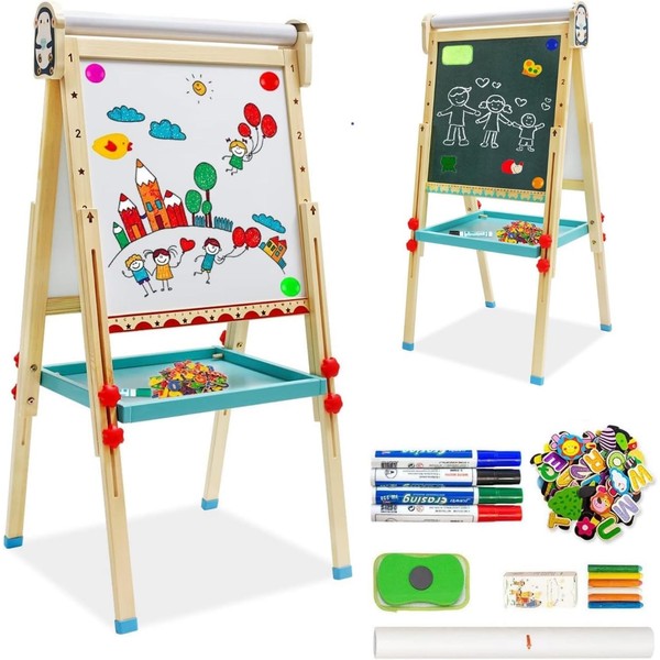 Children's Easel, Equipped with Drawing Paper Rolls, Double-Sided whiteboards, and