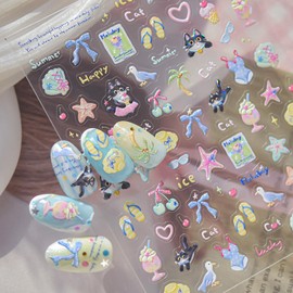 Cute Cat Nail Art Decal Aurora Colorful Summer Nail Art Sticker with Desserts Beach Bow Designs Manicure Charm 3D Embossed Self-Adhesive Pegatinas Uñas for Women Summer Manicure