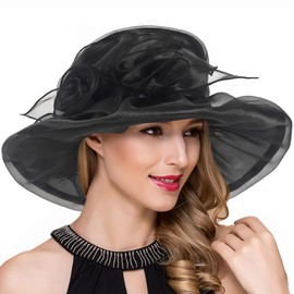 Ruphedy Women Derby Church Dress Fascinator Wide Brim Tea Party Wedding Hats S042b (S046-Black)