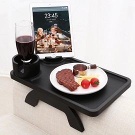 Nnewvante Couch Cup Holder,3 in 1 Large 15.36"x9.85" Bamboo Couch Arm Table Sofa Arm Clip on TV Tray Table with 360°Rotated Phone/Cup Holder, Black