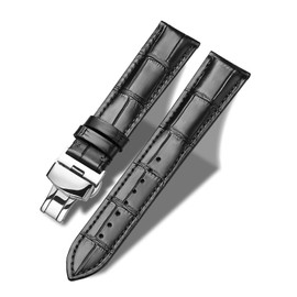 Moran Quick Release Leather Watch Bands Deployment Butterfly Buckle Calfskin Replacement Watch Strap for Men & Women, Black-Silver Buckle, 24mm