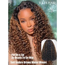 Julia Hair Ombre Brown Water Wave Glueless Wig Human Hair 7x5 HD Lace Closure with Invisible Drawstring Pre Plucked Bleached Highlight Balayage Colored Curly Wigs Put On And Go 16 Inch