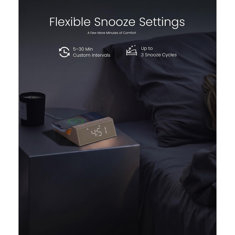 3-in-1 Alarm Clock with Wireless Charging & Night Light, Wood
