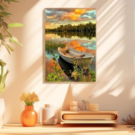 Mowana Paint by Numbers Kit for Adults Framed Canvas - with Wooden Easel, Adults' Paint-by-Number Kits Lake Boat DIY Acrylic Oil Painting Kits Arts Crafts 7.8x11.8inch