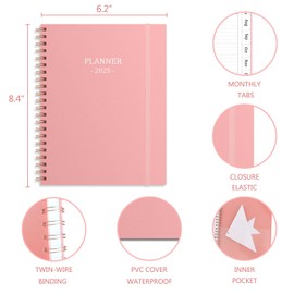 Planner 2025, Weekly Planner Runs Jan 2025 to Dec 2025, 2025 Planner with Sturdy PP Cover, Weekly Planner 2025, Laminated Tabs, Twin Wire Binding, Elastic Bond, A5 Weekly Monthly Planners 2025, Rose