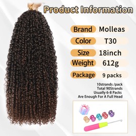 Molleas Passion Twist Hair 18inch,9pack Boho Passion Twist Crochet Hair,Pre Looped With Curly Ends for Bohemian Water Wave Braiding Hair,Crochet Hair for Black Women(18inch(pack of 9),T30)