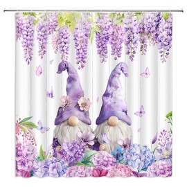 UOZXOML Purple Floral Gnome Shower Curtain Watercolor Lavender Green Leaves Butterfly Rustic Wooden Board Farmhouse Spring Nature Plant Fabric Bathroom Decor Curtains with Hooks,70 x 70
