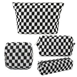 AJOJO 4 Pcs Checkered Cosmetic Bag Makeup Brush Storage Bag Toiletry Organizer Bag for Women Girls Large Travel Toiletry Organizer (4Pcs-Black)