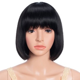 JOEDIR HAIR Bob Human Hair Wig with Bangs for Black Women Short Straight Hair 8 Inch Natural Black Glueless Machine Made Short Bob Wigs