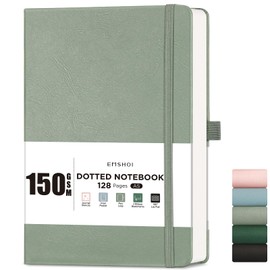 EMSHOI A5 Notebook Dotted Journal - 150gsm Thick Paper, Hardcover Leather Dot Grid Notebook for Bullet Journaling with 128 Pages, Journal Stencils, Inner Pocket, 21.3 x 15 cm, Light Green