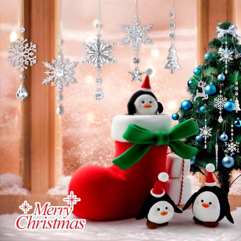 18pcs Crystal Christmas Tree Ornaments, Hanging Acrylic Snowflake Icicle Ornaments