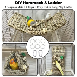 Jevnd Seagrass Handwoven Bird Bed for Cage, DIY Parakeet Nest & Climbing Ladder, Breathable Bird Hammock Tent with Chewable Toys, Cozy Parrot Sleeping Hut for Small Medium Birds Like budgies Lovebirds