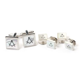 The Masonic Collection - Mother of Pearl Cufflinks & Shirt Studs - Rhodium Plated Silver - Supplied in Cufflink Box/Velvet Pouch - A Useful Gift Accessory for Masonic Stone, Stone