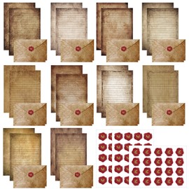 Mini Vintage Stationery Set Stationery Paper for Writing Letters Double Sided Printing (50 Stationery Papers + 50 Matching Envelopes) 60 Vintage Round Dot Stickers, 5.5 x 8.25 Inch, 10 Designs