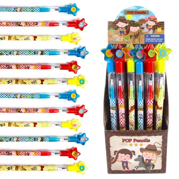TINYMILLS 24 Pcs Western Cowboy Cowgirl Multi Point Stackable Pencil with Eraser for Western Birthday Party Favor Prize Carnival Goodie Bag Stuffers Classroom Rewards Pinata Fillers