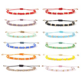 Bohxantium 12PCS Natural Stone Gold Beaded Bracelets Stack for Women - Colorful Adjustable Stackable 14K Gold Plated Crystal Beads Rope Bracelets Set, Healing Fashion Dainty Jewelry Friendship Gift