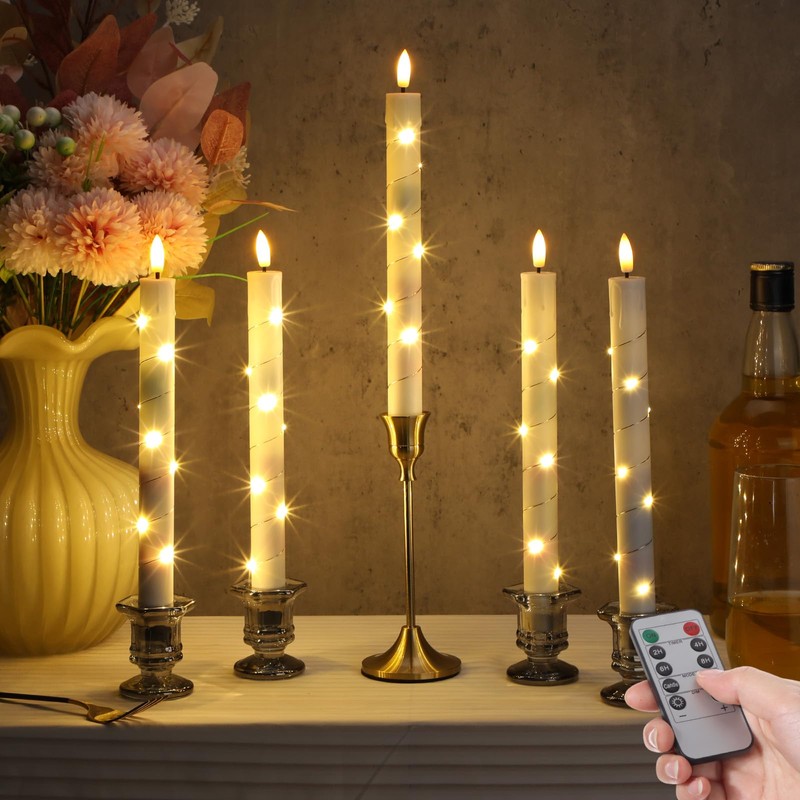 Rossesay 10 Pcs LED Flameless Taper Candles with String Light