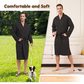 FashGudim Mens Lightweight Waffle Knit Robe Soft Kimono Spa Bathrobes Knee Length Summer Robes (Black,5XL)
