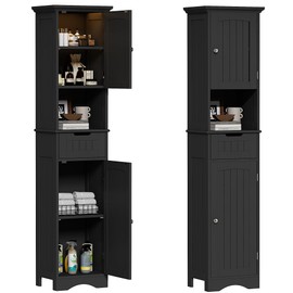 ChooChoo 67" Tall Bathroom Storage Cabinet Freestanding with LED Light and Adjustable Shelves, Narrow Storage Linen Cabinet with 2 Doors and 1 Drawers for Bathroom, Living Room, Kitchen, Black.